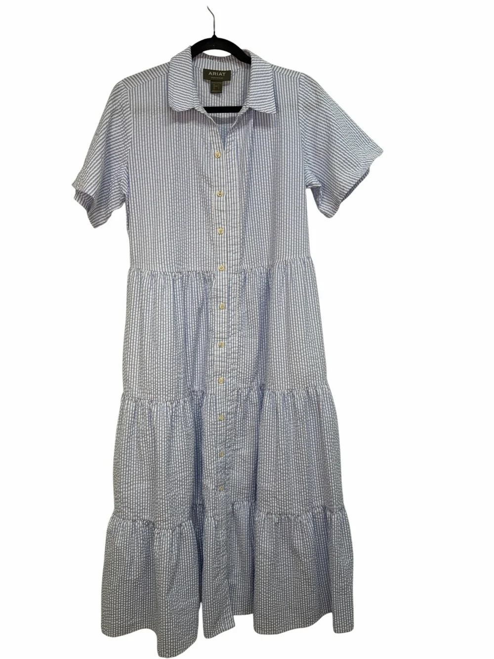 Ariat Countryside Blue Seersucker Tiered Midi Dress Cottagecore Size Large - Picture 4 of 11